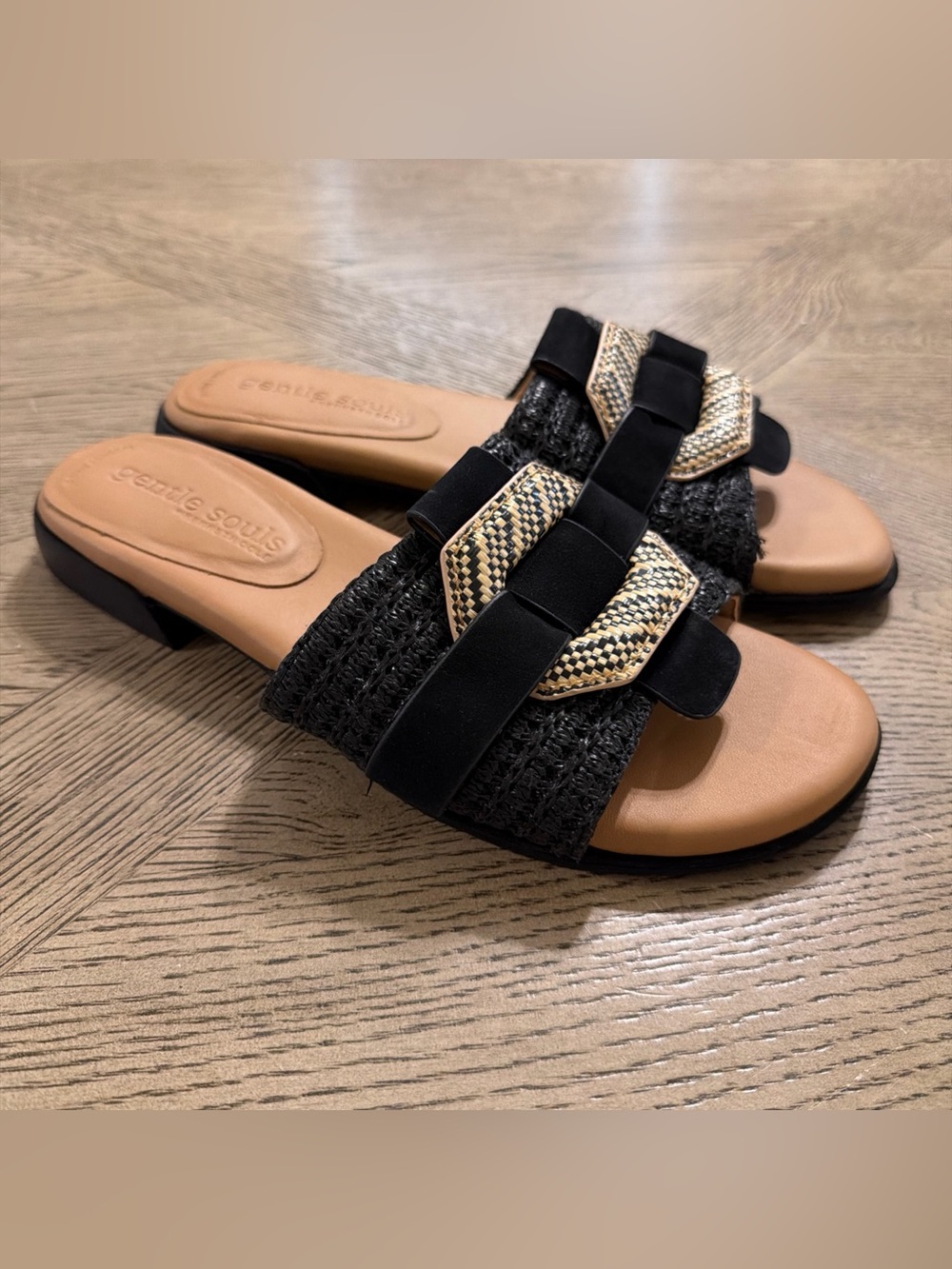 Gentle Souls by Kenneth Cole Women's Hudson Flat Sandal, Black Raffia, 11